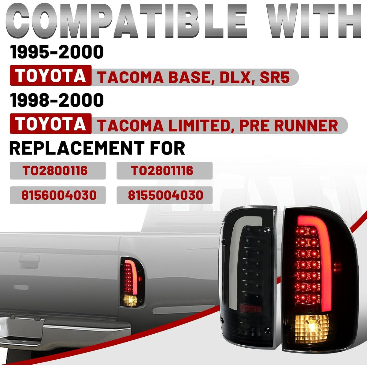 HECASA LED Tail Lights Compatible with 1995-2000 Toyota Tacoma 1998-2000 Toyota Tacoma Limited Pre Runner LED Tube Bar Replacement for TO2800116 TO2801116 8156004030 8155004030 Smoke Lens