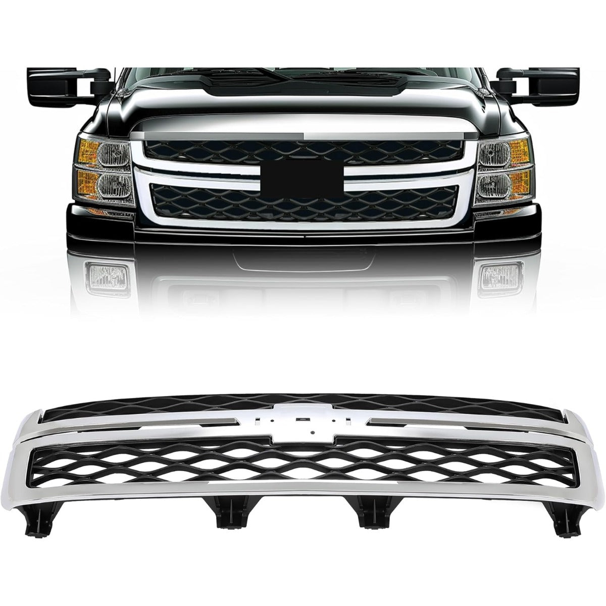Front Bumper Grill Compatible with 2011-2014 Chevy Chevrolet Silverado GMC Sierra 2500 3500 HD 20966058 GM1200639 Bumper Hood Grille Chrome
