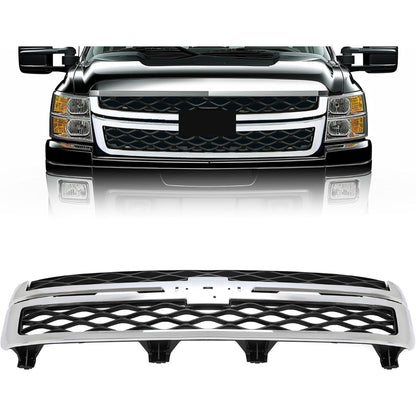 Front Bumper Grill Compatible with 2011-2014 Chevy Chevrolet Silverado GMC Sierra 2500 3500 HD 20966058 GM1200639 Bumper Hood Grille Chrome