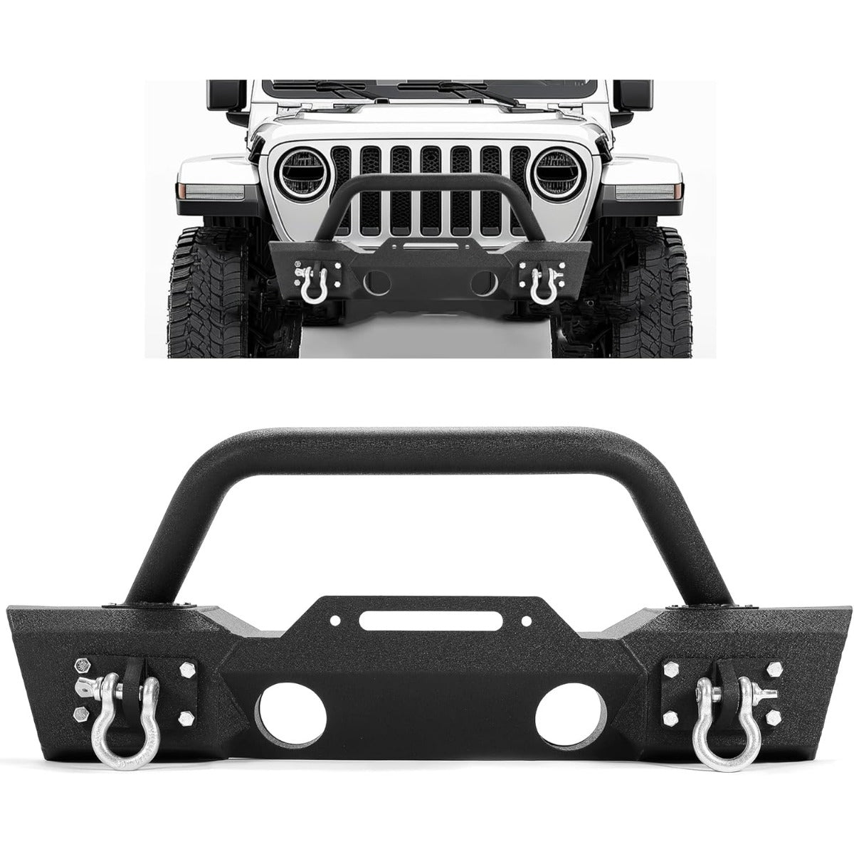 Stubby Front Bumper Compatible With 2007-2024 Jeep Wrangler JK JL Gladiator JT W/Fog Light Housing & D-rings Steel Powder Coated Black LYAM-295V