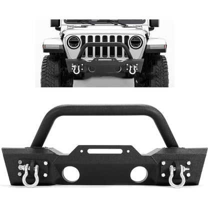 Stubby Front Bumper Compatible With 2007-2024 Jeep Wrangler JK JL Gladiator JT W/Fog Light Housing & D-rings Steel Powder Coated Black LYAM-295V