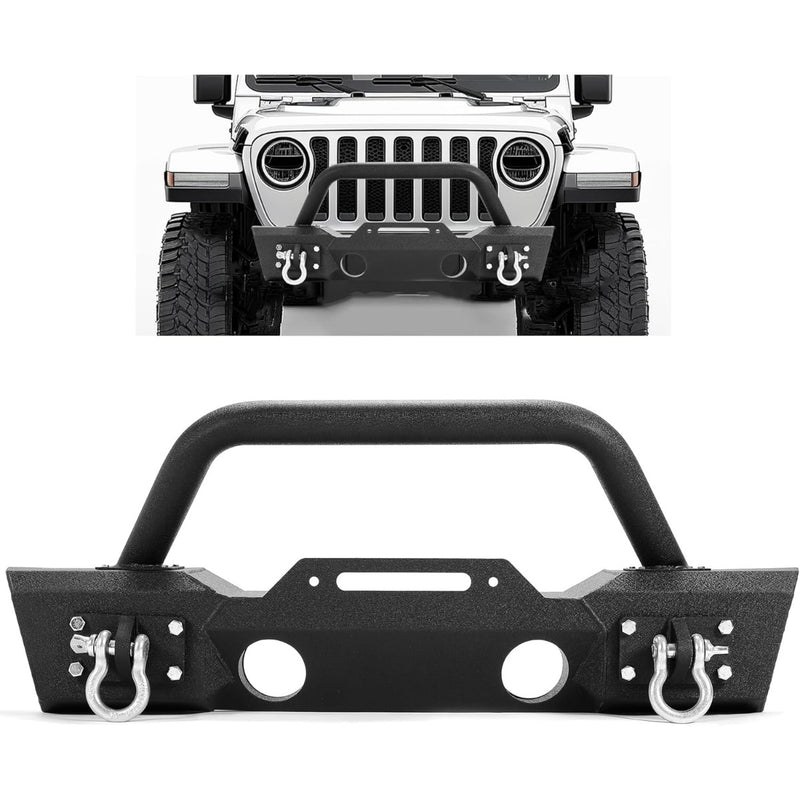 Stubby Front Bumper Compatible With 2007-2024 Jeep Wrangler JK JL Gladiator JT W/Fog Light Housing & D-rings Steel Powder Coated Black LYAM-295V