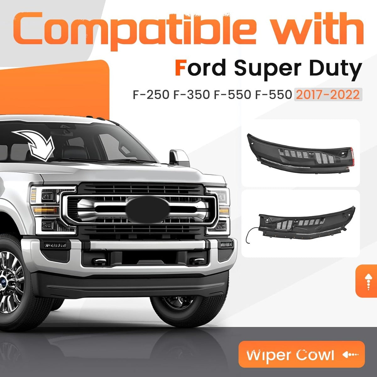Windshield Wiper Cowl Panel Grille Compatible with 2017-2022 Ford F-250 F-350 F-450 F-550 Super Duty Replacement for HC3Z-25022A68-AA HC3Z-25022A68-AB Front Window Cover Insert Panel Right