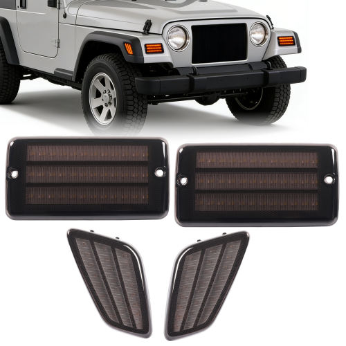 HECASA Pair LED Turn Signal and Side Marker Light Compatible with 1997-2006 Jeep Wrangler TJ Smoke Lens Plastic Front Bumper Signal Fender Light 4 Pieces