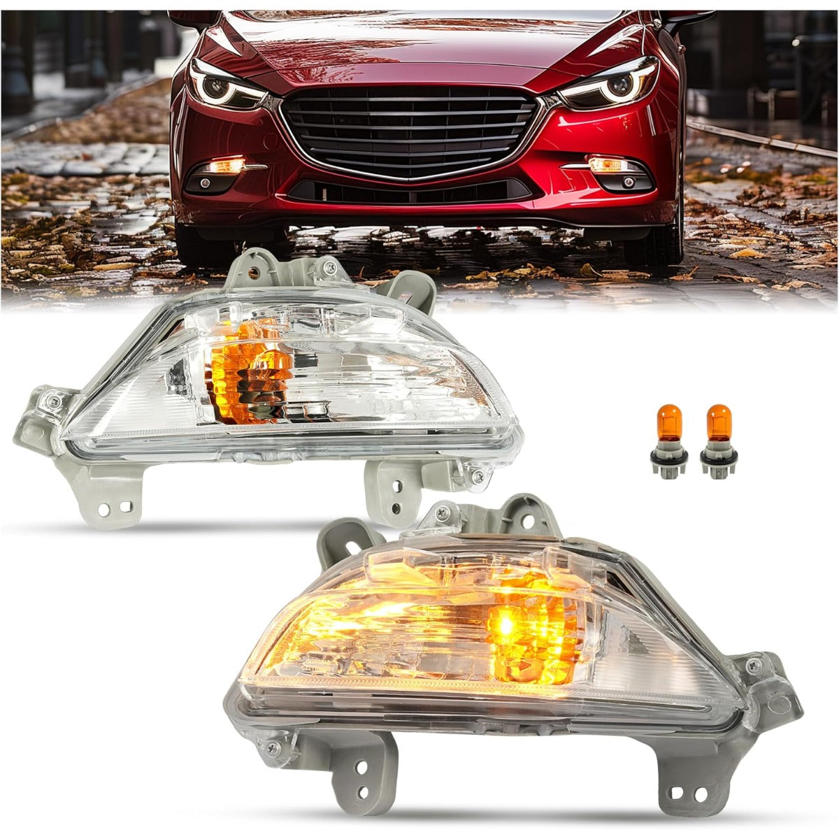 HECASA Pair Bumper Turn Signal Lights Compatible with 2014-2016 Mazda 3 Front Turn Signal Lamp Driver & Passenger Side Clear Lens Replacement for MA2530119 MA2531119 B45A51350A B45A51360A