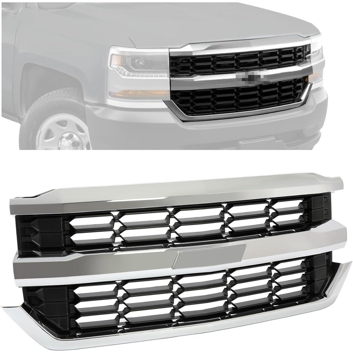 Upper Grille Compatible with 2016-2019 Chevy Chevrolet Silverado 1500 Replacement for GM1200753 84602489 84374378 Front Bumper Grill Silvery+Black