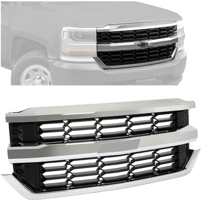 Upper Grille Compatible with 2016-2019 Chevy Chevrolet Silverado 1500 Replacement for GM1200753 84602489 84374378 Front Bumper Grill Silvery+Black