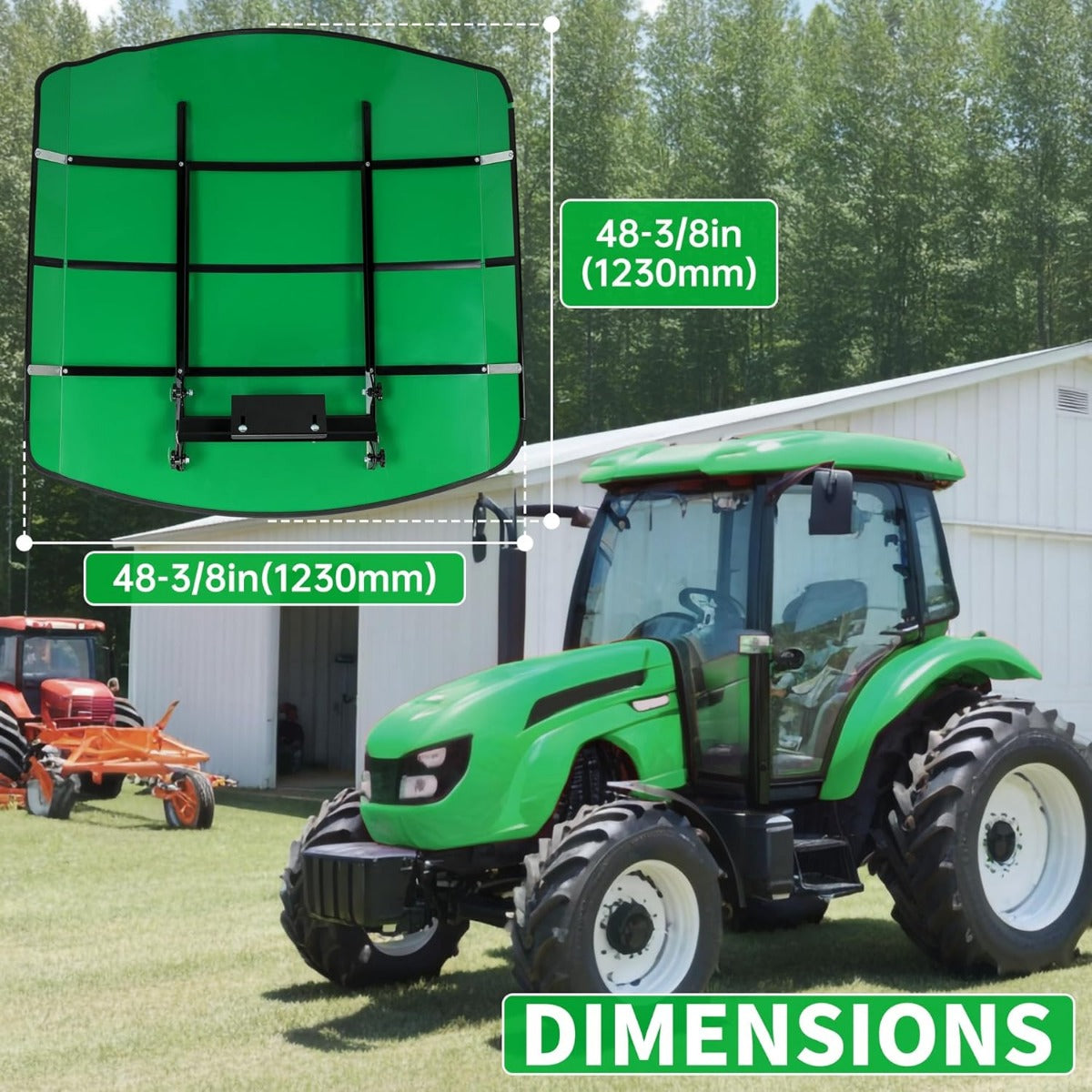 Green Tractor Canopy Compatible with All ROPS 48-3/8 Inches X 48-3/8 Inches Equipped Tractors and Mowers with a 2 Inches x 2 Inches or 2 Inches x 3 Inches ROPS (Will Add About 4 Inches to The Height of The Tractor) LYJD-031S-1