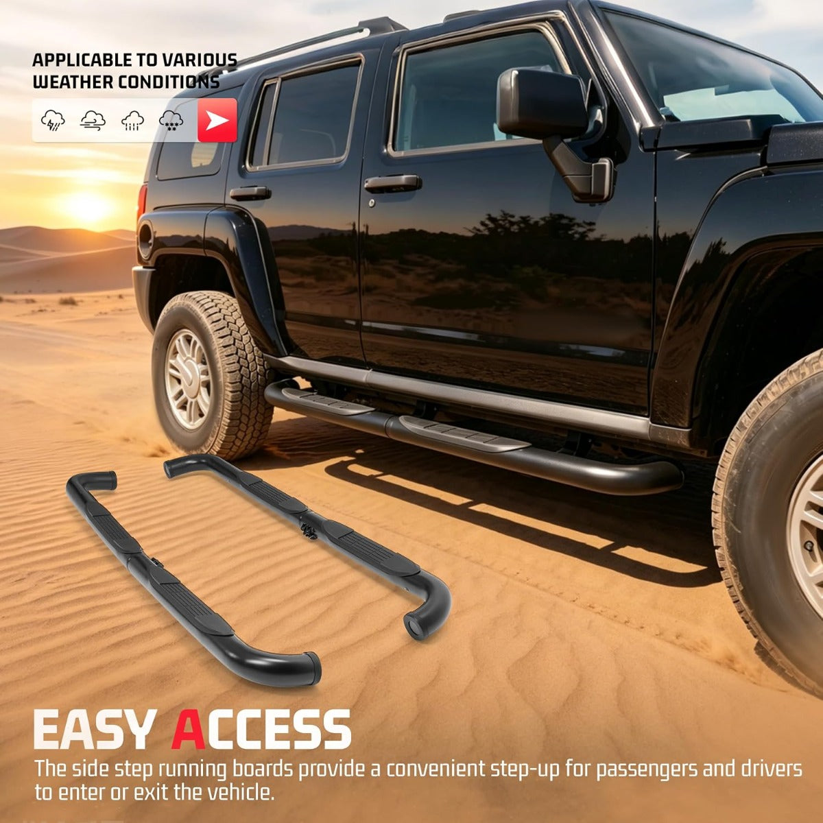 Running Boards Compatible with 2006-2010 Hummer H3 4-Door | Side Nerf Bars Running Boards Step Rails Steel+Plastic Powder Coated Black