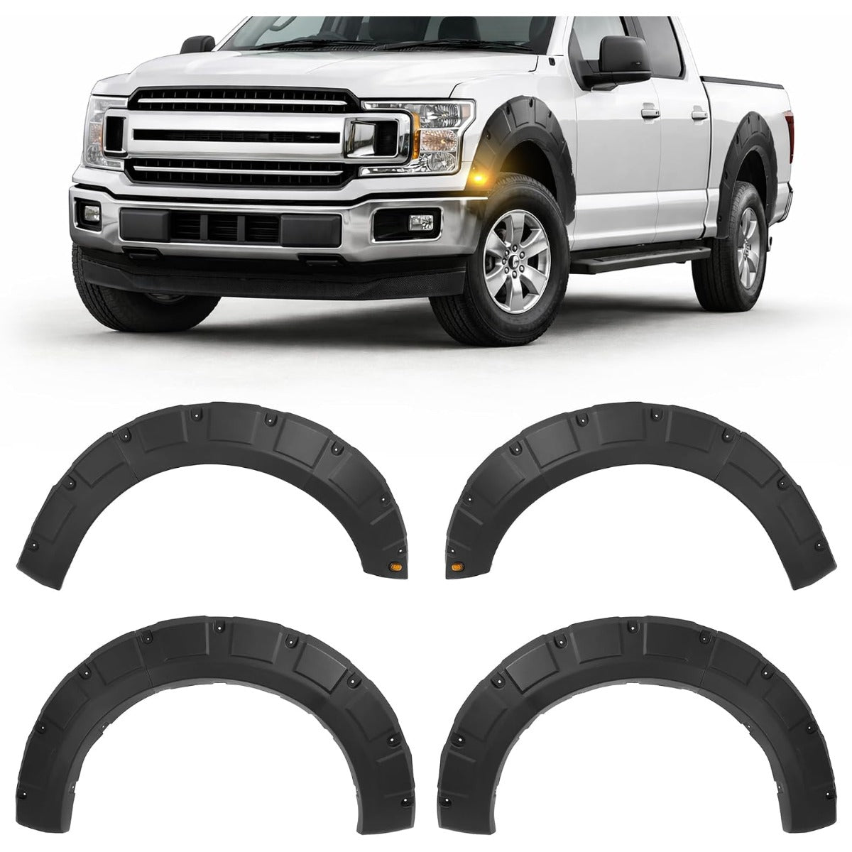 4-piece fender flare set for 2018–2020 Ford F-150 | excluding models with Technology Package, 3 pieces per set rivet-style mount plastic (PP) material black textured finish