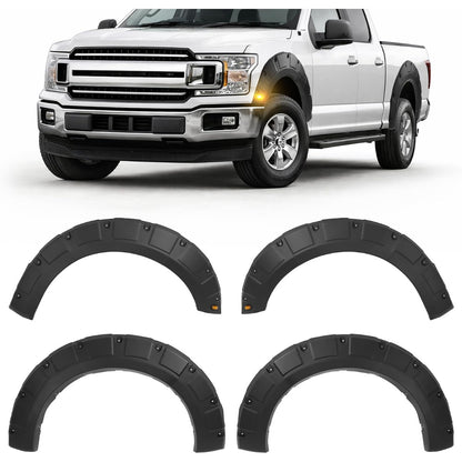 4-piece fender flare set for 2018–2020 Ford F-150 | excluding models with Technology Package, 3 pieces per set rivet-style mount plastic (PP) material black textured finish