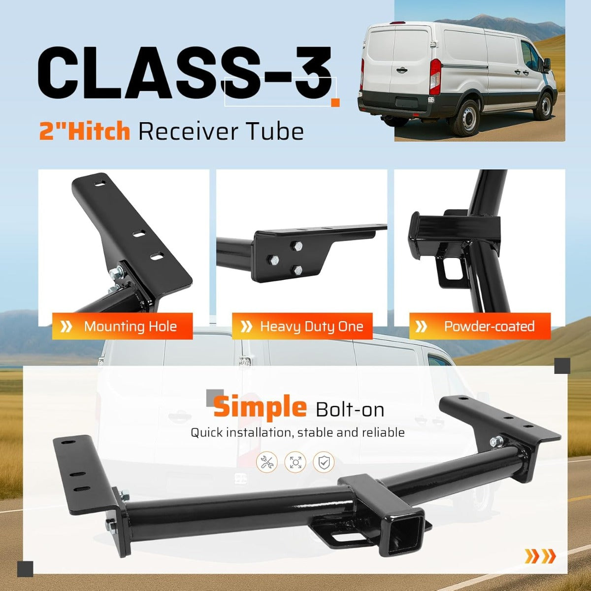 Class 3 Rear Trailer Hitch, 2 Inch Receiver Compatible with 2015-2025 Ford Transit-150 Transit-250 Transit-350 E-Transit
