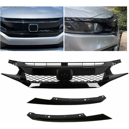 Front Bumper Mesh Grille Compatible with 2019-2021 Honda Civic Type R Style Replacement for 71125-TEY-Y01, 71121-TBA-A51, HO1200241 Glossy Black Hood Mesh Grill w/ 2Pcs Eyebrows ABS Plastic