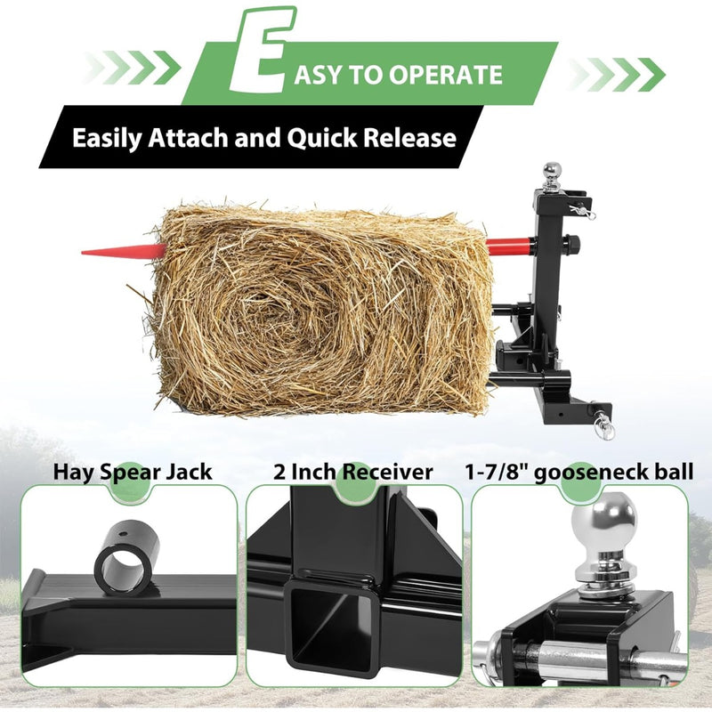 3 Point 47" Hay Spear Gooseneck Drawbar Trailer Hitch Fit for All Category 1 Tractors 3000lbs W/ 2 Stabilizers Ball Hay Quick Hitch Attachment Black Steel Powder Coated
