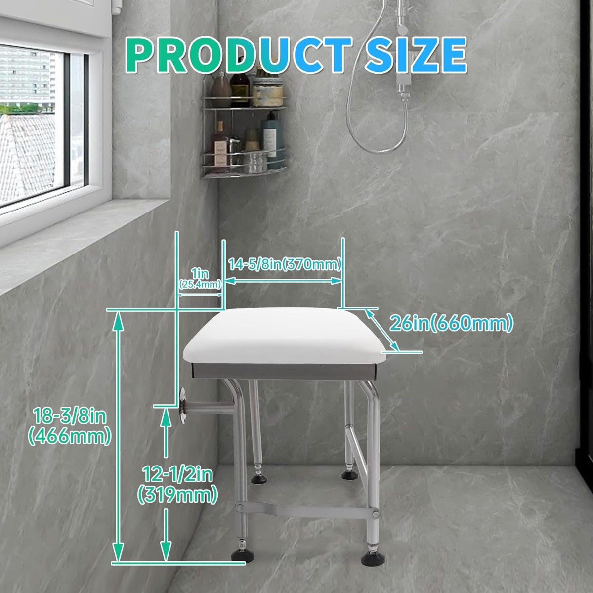 26 Inches x14.5 Inches Folding Shower Seat Wall Mount W/304 Stainless Legs, Adjustable Height Fold Down Bench for Bathroom, Wall Mounted Shower Stool Chair for Elderly Seniors Pregnant Disabled 600LBS LYOM-289