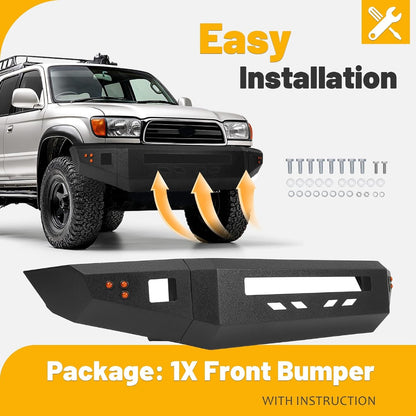 Front Bumper Assembly Compatible with 1996-2002 Toyota 4Runner Third Gen w/Light Holes & Flush Mount Amber LED Turn Signal Lights Steel Powder Coated Black