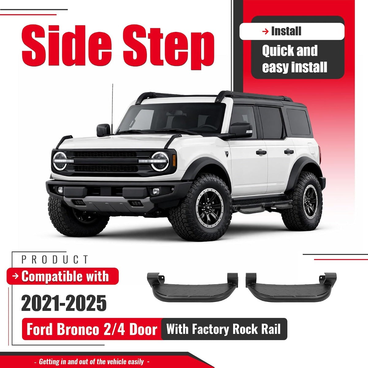 Running Boards Side Steps Compatible with 2021-2025 Ford Bronco 2/4 Door Steel Powder Coated Black 2Pcs Side Bars Step Plates