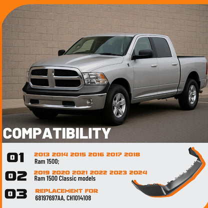 Front Bumper Cover Top Pad Compatible with 2013-2018 Ram 1500, 2019-2024 Ram 1500 Classic,Primed,W/O Fog Light & Sensor Hole,Front Upper Bumper Cover Replacement for 68197697AA CH1014108