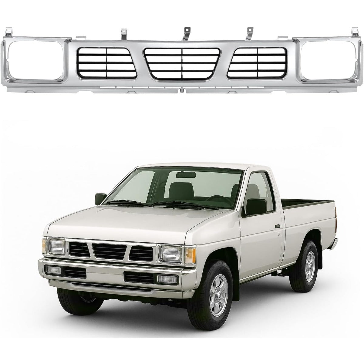 Front Grille Compatible with 1994 Nissan D21 XE 1993 1994 Nissan D21 Base SE 1995-1997 Nissan Pickup Base SE XE Replacement for 6231055G10 NI1200116 Chrome Bumper Grill Plastic(ABS) Silvery