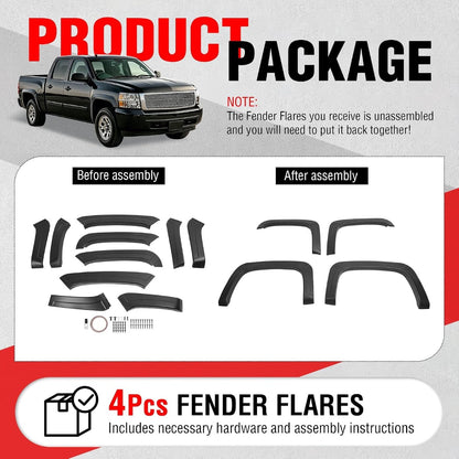 4Pcs Fender Flares Set Compatible with 2007-2013 Chevy Chevrolet Silverado 1500 Standard/Extended Cab Front & Rear Wheel Arch Cover Protector Plastic(PP) Textured Black