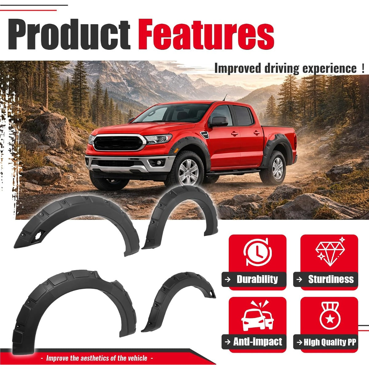 6.1' Beds Fender Flares Compatible with 2019-2023 Ford Ranger Pocket Rivet Fender Flares Plastic(PP) Textured Black 4 Pcs