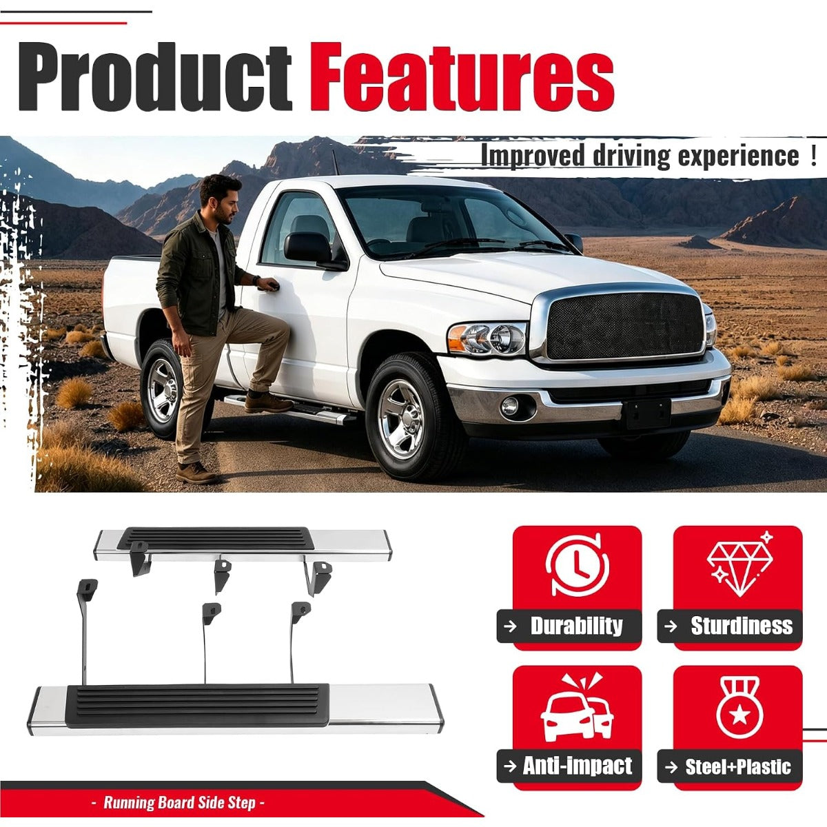 6.5 inch Running Board Side Step Compatible with 2002-2008 Dodge Ram 1500 2500 Regular Cab Step Nerf Bar 304 Stainless Steel+Plastic Powder Coated+Textured Black+Silvery