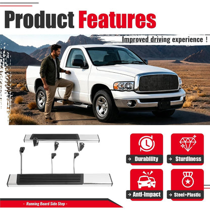 6.5 inch Running Board Side Step Compatible with 2002-2008 Dodge Ram 1500 2500 Regular Cab Step Nerf Bar 304 Stainless Steel+Plastic Powder Coated+Textured Black+Silvery