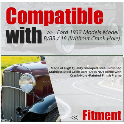 Front Grille Shell + Insert Compatible with Ford 1932 Models Model B/BB / 18 Polished Stainless Steel (Without Crank Hole) LYAM-414S-1