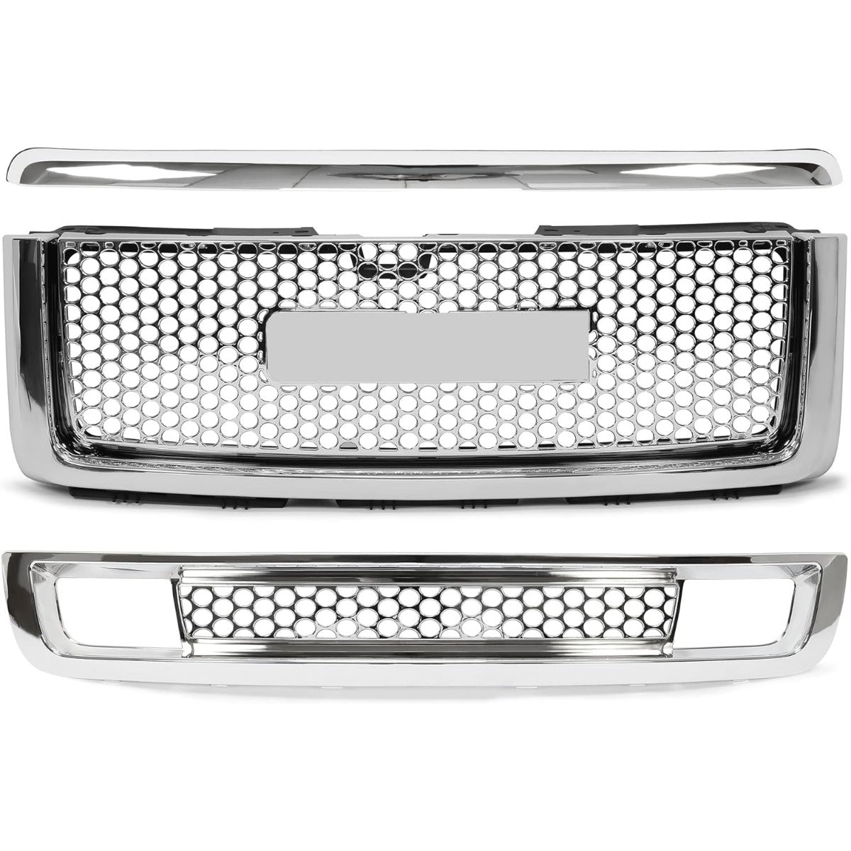 Grille 3PCS Compatible with 2007-2013 GMC Sierra 1500 Denali Round Hole Mesh Front Hood Molding Top & Upper & Lower Grill Front Bumper Center Grill Chrome Silvery