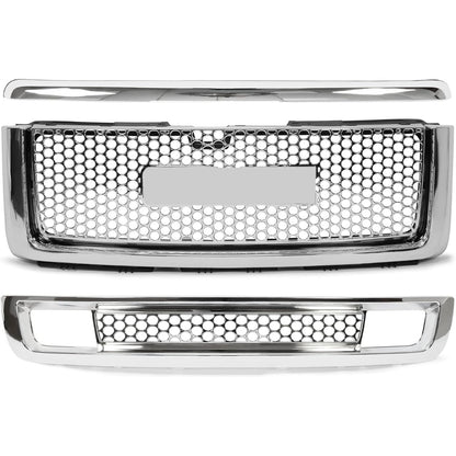 Grille 3PCS Compatible with 2007-2013 GMC Sierra 1500 Denali Round Hole Mesh Front Hood Molding Top & Upper & Lower Grill Front Bumper Center Grill Chrome Silvery