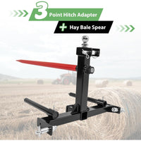 Load image into Gallery viewer, 3 Point 47&quot; Hay Spear Gooseneck Drawbar Trailer Hitch Fit for All Category 1 Tractors 3000lbs W/ 2 Stabilizers Ball Hay Quick Hitch Attachment Black Steel Powder Coated
