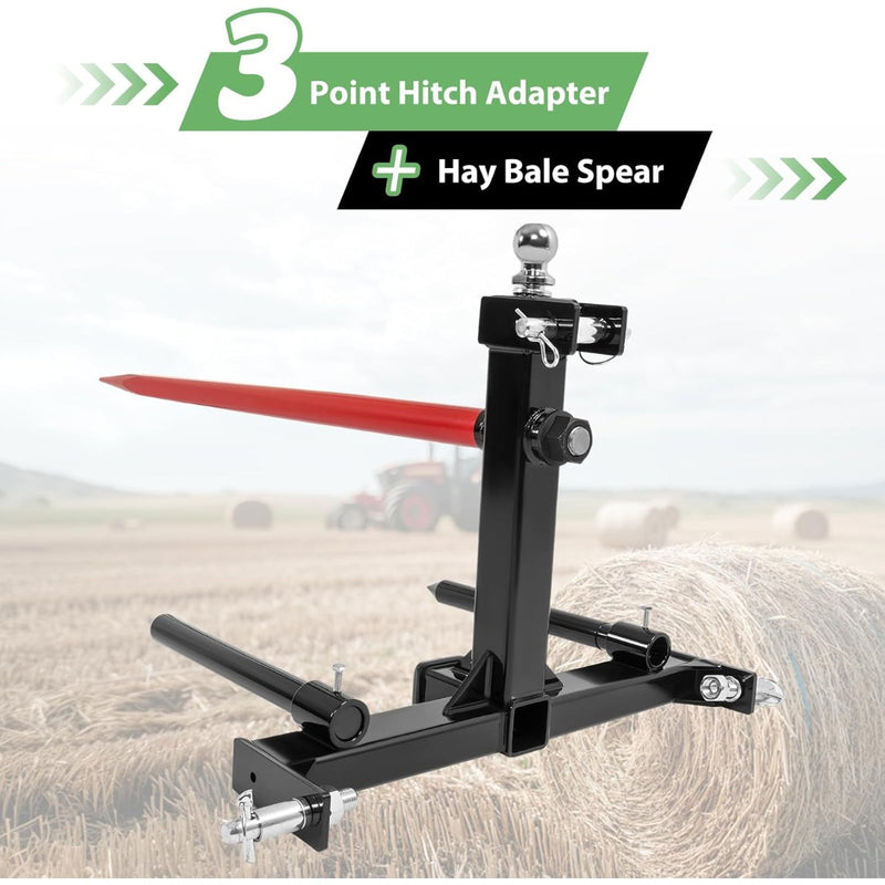 3 Point 47" Hay Spear Gooseneck Drawbar Trailer Hitch Fit for All Category 1 Tractors 3000lbs W/ 2 Stabilizers Ball Hay Quick Hitch Attachment Black Steel Powder Coated