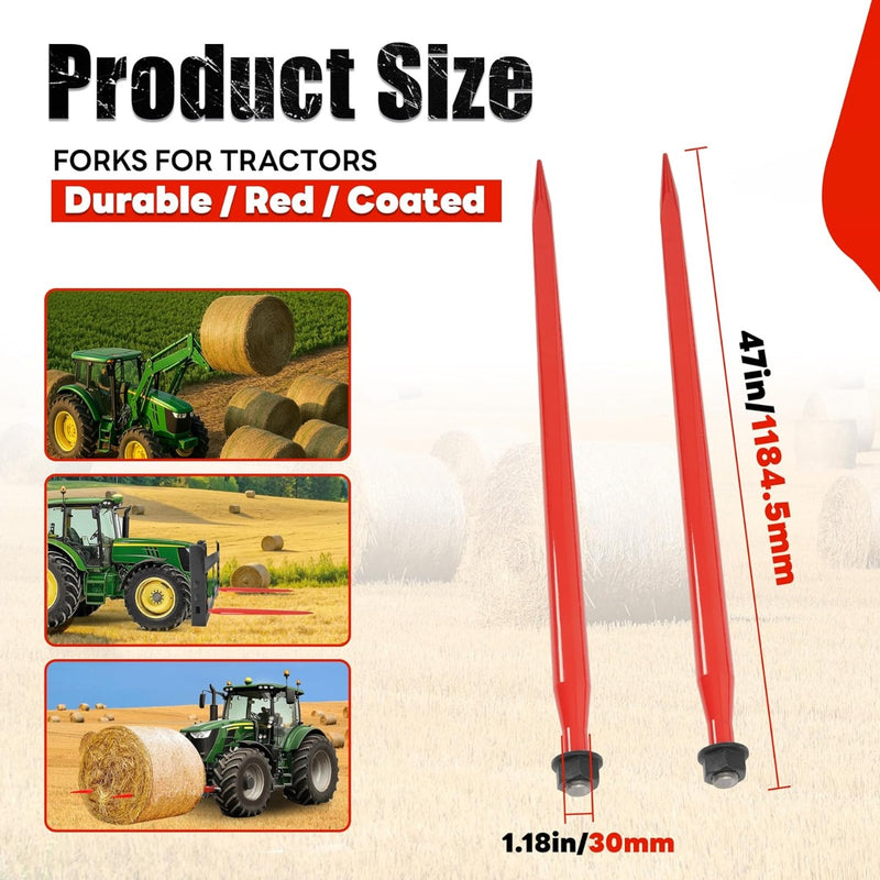47" Hay Bale Spear Compatible with Kubota Bobcat Buckets Tractors Loaders, Square Bale Quick Attach Hay Spike Forks Steel Powder Coated 1PCS -Red