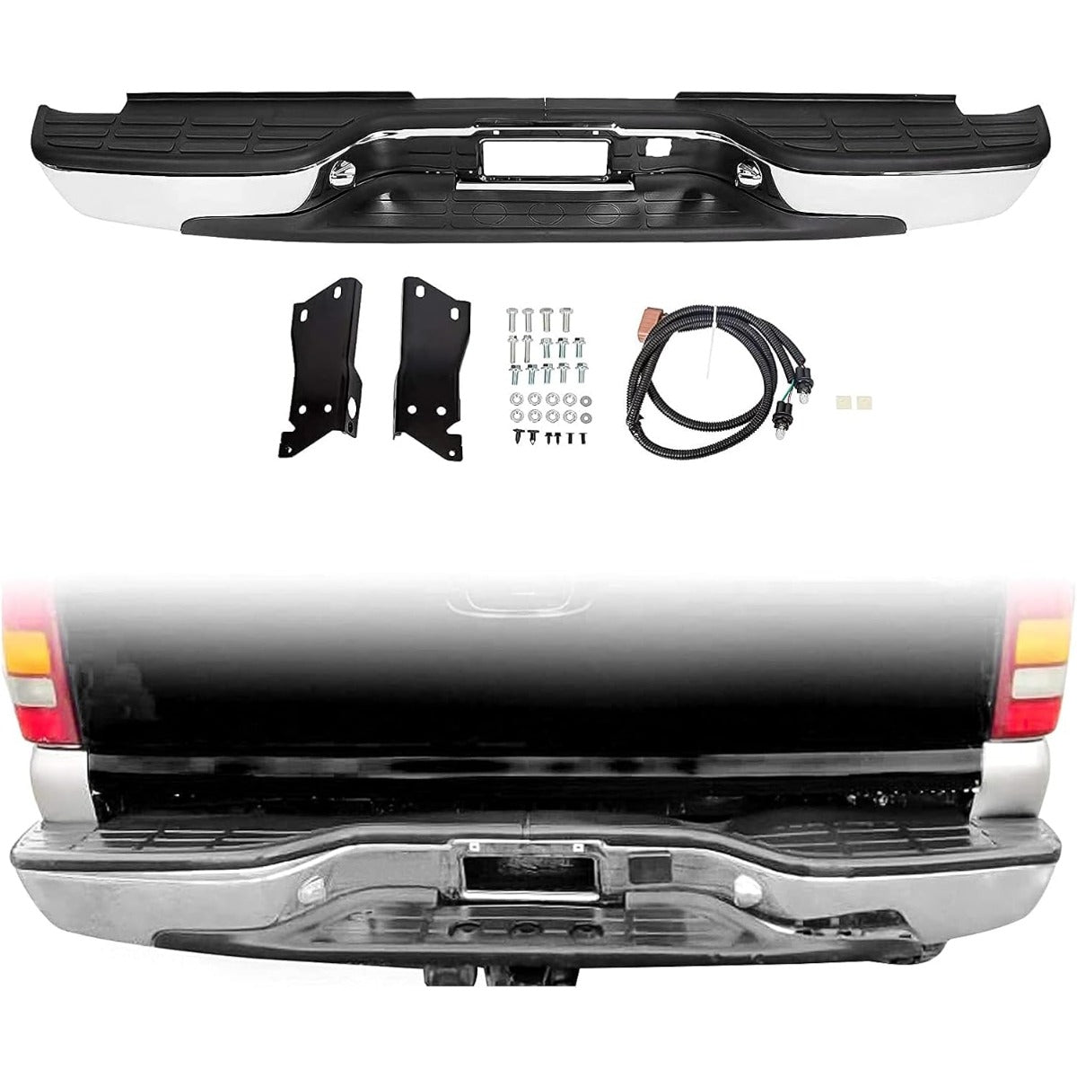 Rear Step Bumper for 1999-2007 Chevy Silverado & GMC Sierra 2500HD 3500HD w/ License Plate Lights LYAM-285S