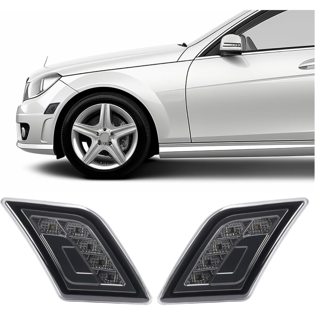 HECASA Pair LED Side Marker Lights Compatible with 2008-2011 Mercedes-Benz C300 C350 C63 AMG 4 Door Sedan Models Side Marker Lamps Replacement for MB2554100 MB2555100 LH&RH Smoke Lens Black Housing