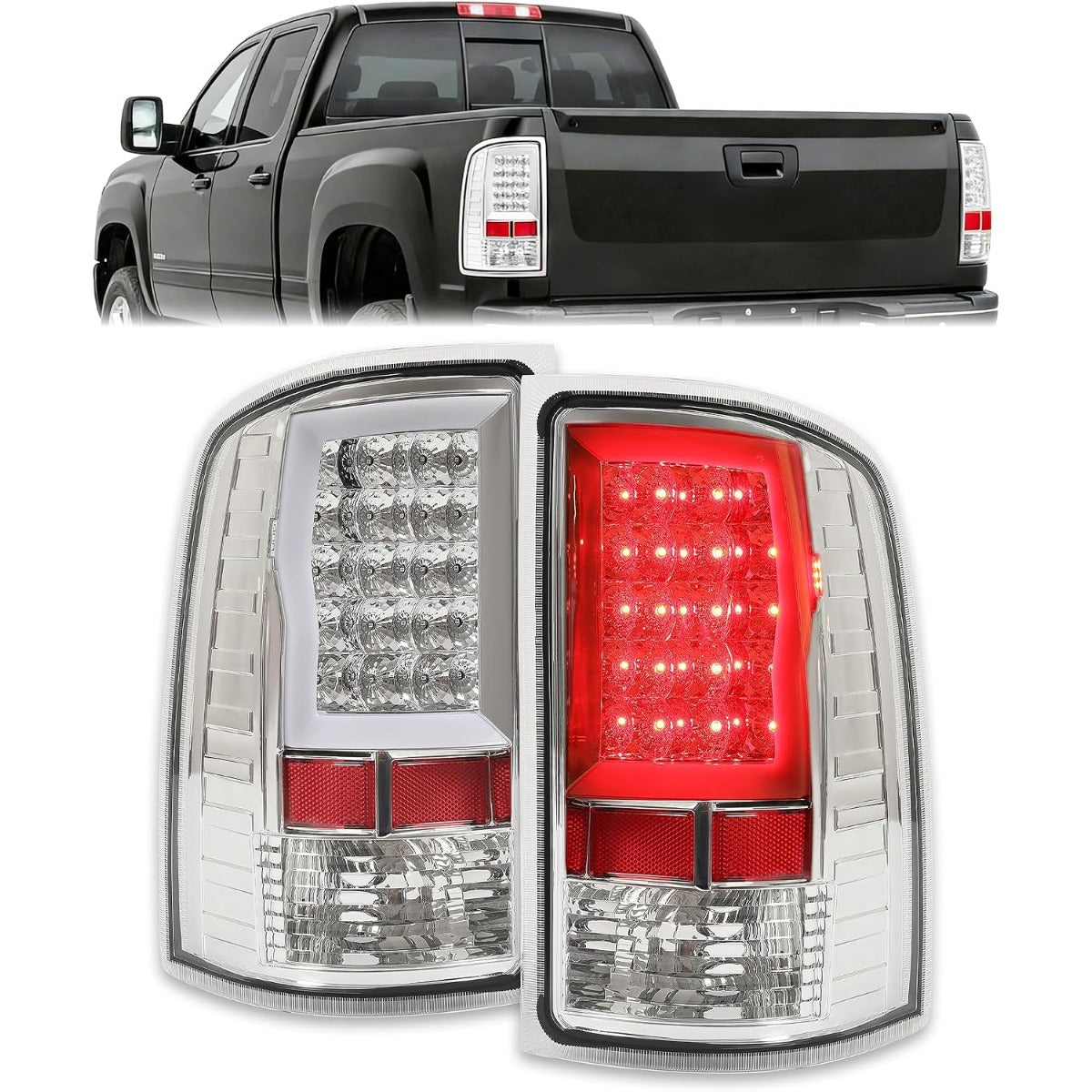 ALMULOO Pair LED Tail Light Compatible with 07-13 GMC Sierra 1500 & 07-14 GMC Sierra 2500HD 3500HD Replacement for GM2800208 GM2801208 Rear Lamp Clear Lens Chrome Housing Plastic Left&Right