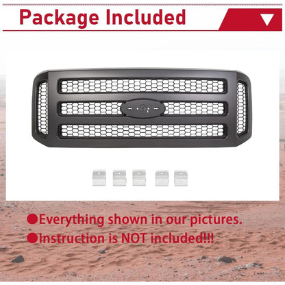 Front Grille Compatible with 2005-2007 Ford F250 F350 F450 F550 Super Duty Excursion Upper Bumper Hood Grill Painted Black Replacement for FO1200457 5C3Z8200BAA