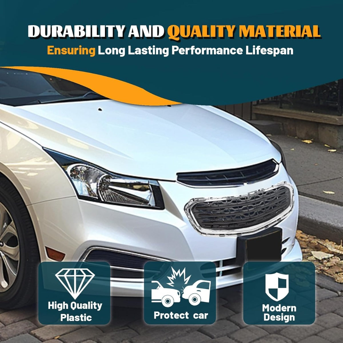 Bumper Center Grille Compatible with 2015 Chevy Cruze 2016 Chevrolet Cruze Limited Front Center Grill Replacement for GM1200728 95405770 Black with Chrome Molding