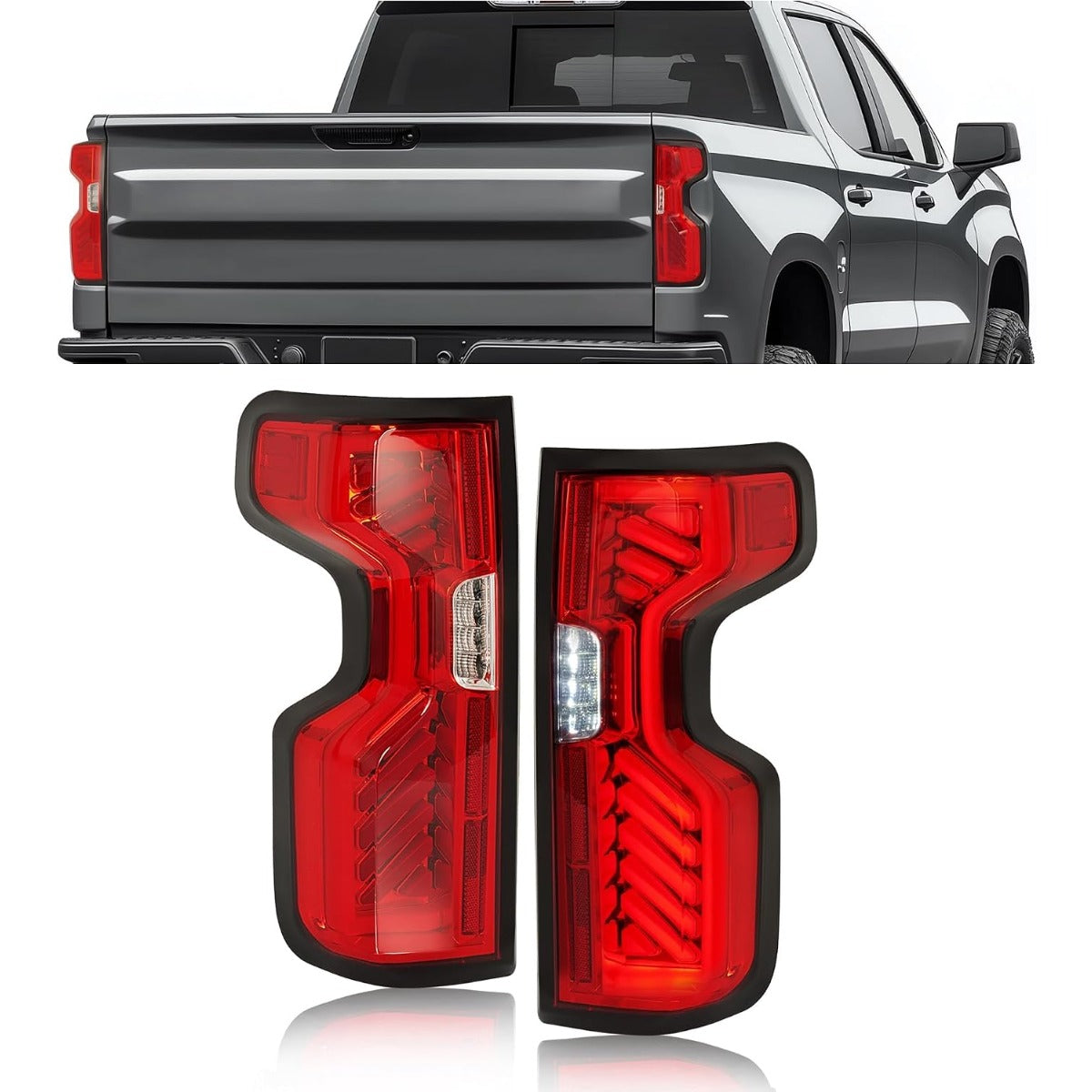 HECASA Pair Tail Lights Compatible with 2019-2023 Chevy Chevrolet Silverado 1500 2500HD 3500HD Full LED Rear Taillight Brake Lamp DRL Red Lens Chrome Housing Replacement for GM2800311 GM2801311