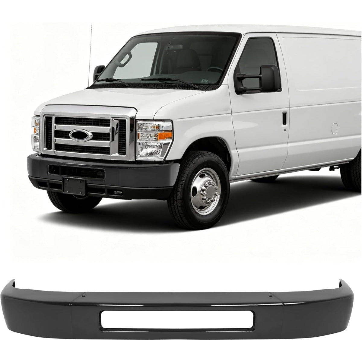 ALMULOO Front Bumper Face Bar Compatible with 2008-2014 Ford E-150/Ford E-250 and 2008-2019 Ford E-350 Super Duty/E-450 Super Duty Replace 8C2Z17757APTM FO1002409 Steel Powder Coated Black