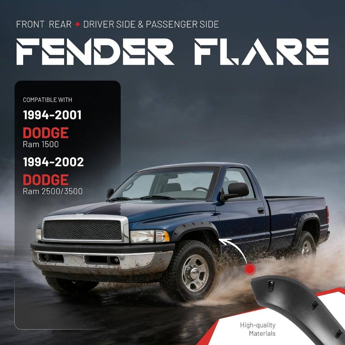 4Pcs Fender Flares Compatible with 1994-2001 Dodge Ram 1500 2500 3500 Wheel Arch Covers Plastic(PP) Textured Black