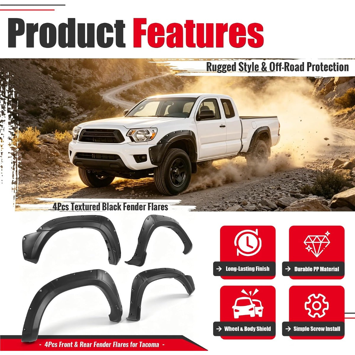 4Pcs Fender Flares Compatible with 2012-2015 Toyota Tacoma | Fleetside 6 FT (72") Long Bed Front & Rear Wheel Arch Covers PP Plastic Textured Black