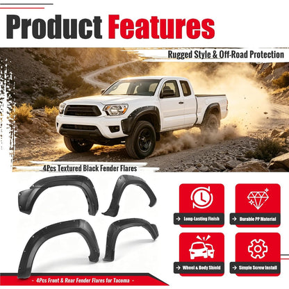 4Pcs Fender Flares Compatible with 2012-2015 Toyota Tacoma | Fleetside 6 FT (72") Long Bed Front & Rear Wheel Arch Covers PP Plastic Textured Black