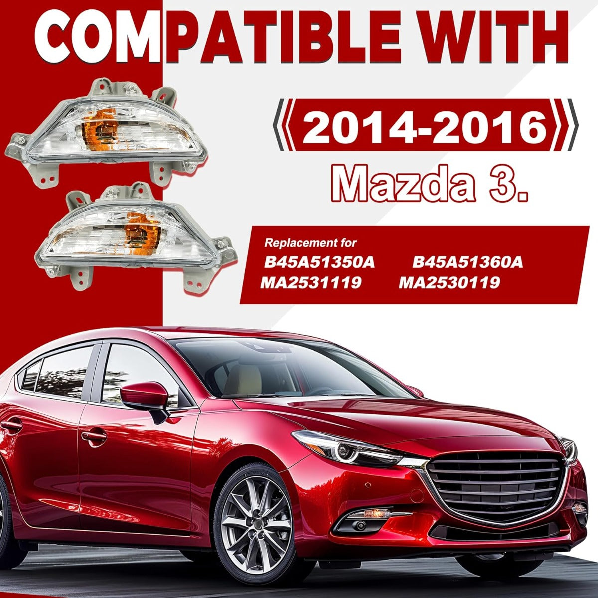 HECASA Pair Bumper Turn Signal Lights Compatible with 2014-2016 Mazda 3 Front Turn Signal Lamp Driver & Passenger Side Clear Lens Replacement for MA2530119 MA2531119 B45A51350A B45A51360A