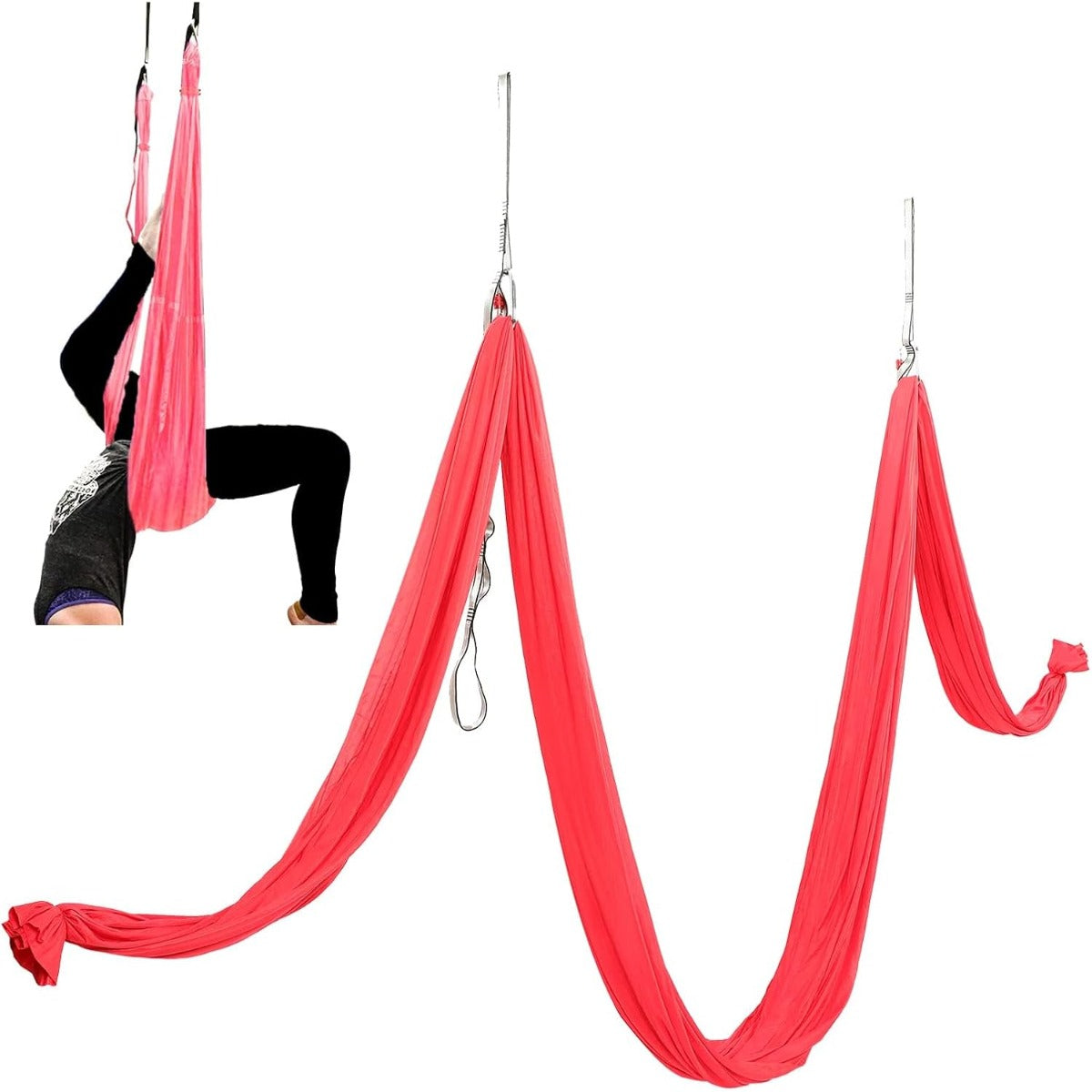 KUAFU 6.56 Yards Aerial Silks for Home Yoga Swing Therapy Swing Aerial | Hammock w/Extension Straps, o-Slings, Carabiners Red