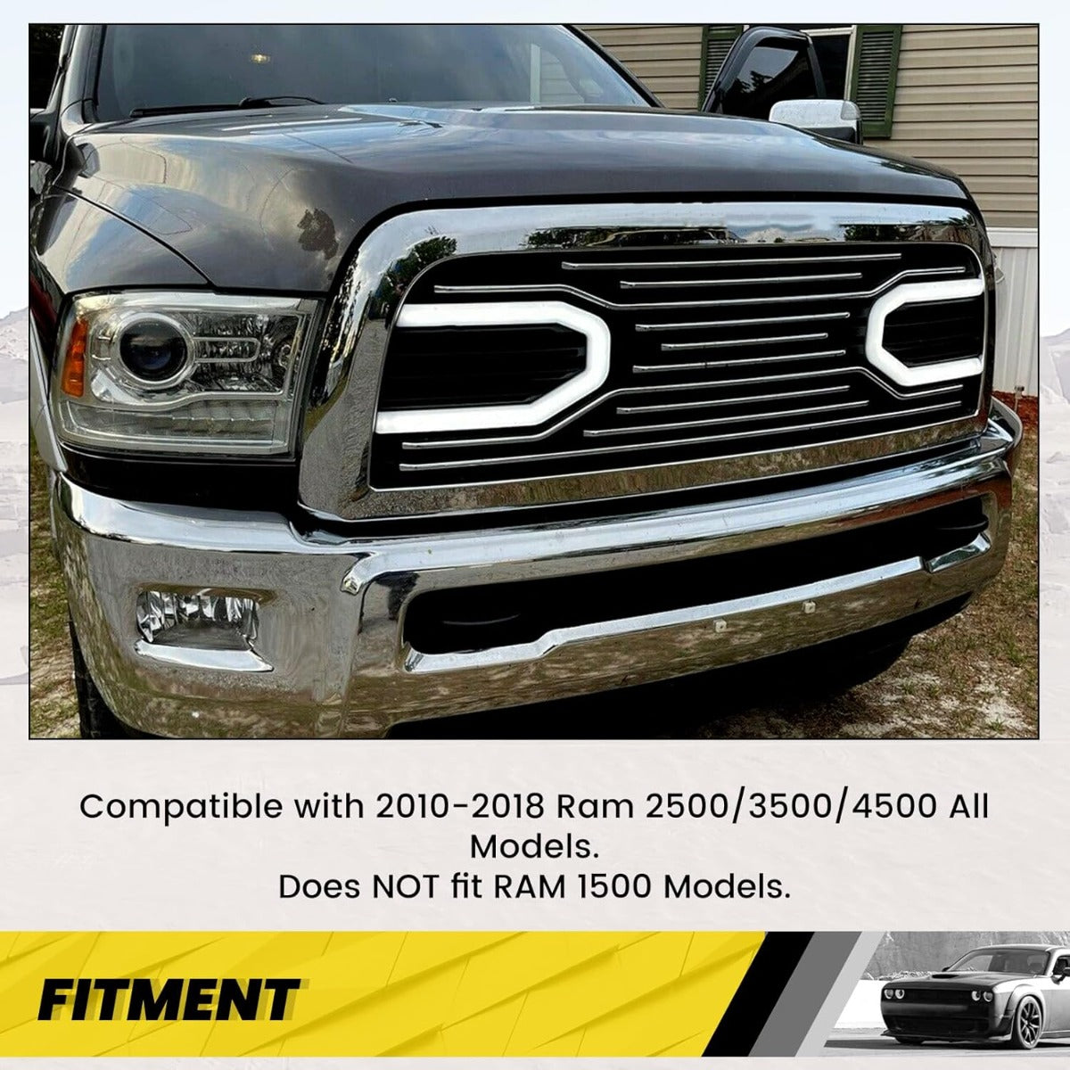 Front Bumper Grill w/LED Tube Compatible with 2010-2018 Ram 2500/3500/4500 Big Horn Hood Grille Replacement Shell Horizontal Style - Chrome