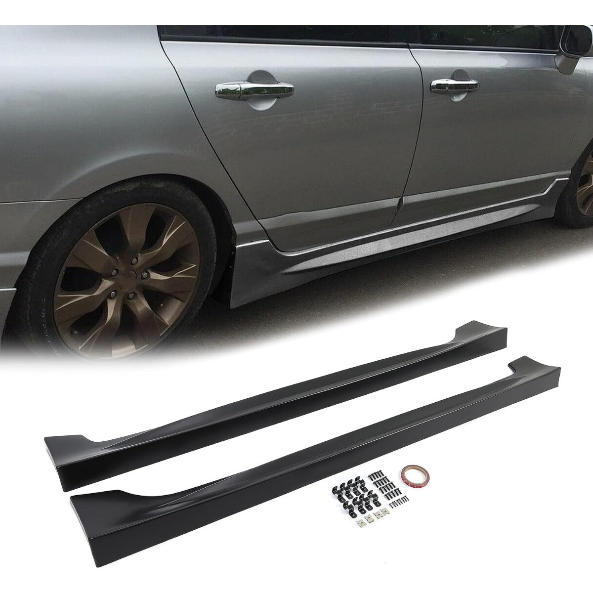 Side Skirts Extension Replacement Compatible with 2006-2011 Honda Civic 4 Door Sedan Black Bottom Side Line Rocker Panels Guard Body Kit RR Style