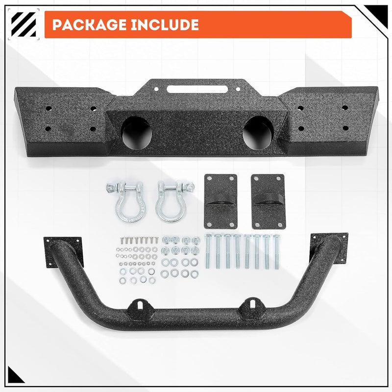Stubby Front Bumper Compatible With 2007-2024 Jeep Wrangler JK JL Gladiator JT W/Fog Light Housing & D-rings Steel Powder Coated Black LYAM-295V