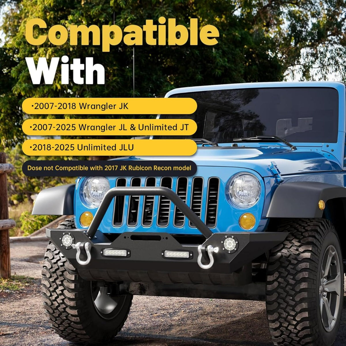 Front Bumper Compatible with 2007-2025 Wrangler Unlimited JL/JLU & Gladiator JT, 2007-2018 JK Front Bumper Rock Crawler Winch Plate W/Winch Plate & 2 18W LED Lights D-rings LYAM-302S