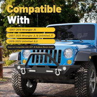 Load image into Gallery viewer, ‎Front Bumper Compatible with 2007-2025 Wrangler Unlimited JL/JLU &amp; Gladiator JT, 2007-2018 JK Front Bumper Rock Crawler Winch Plate W/Winch Plate &amp; 2 18W LED Lights D-rings LYAM-302S
